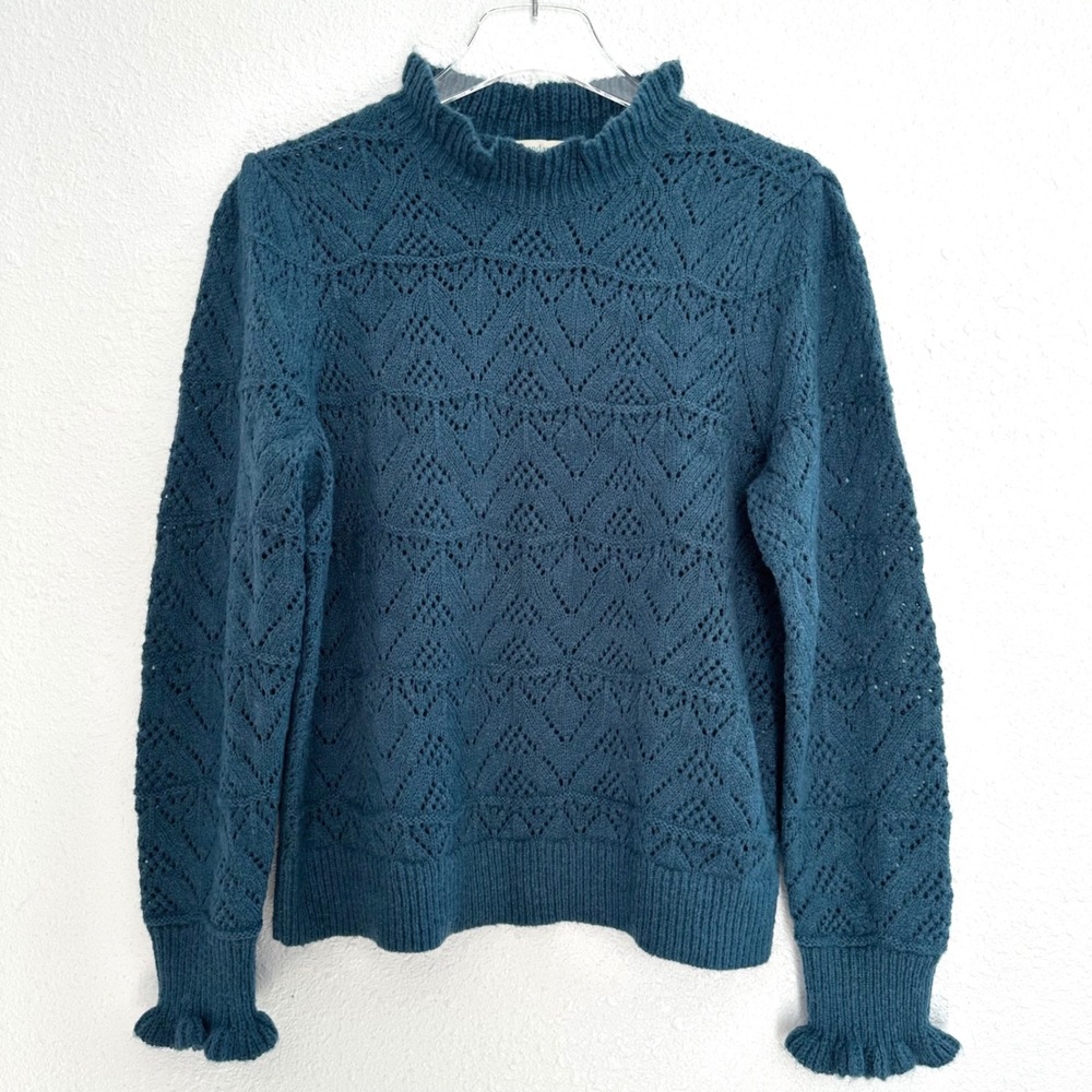 Sundance Frances Sweater Women Large Teal Blue Pointelle Knit Ruffle Boho Modest